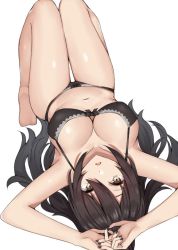 Rule 34 | 1girl, arms up, bare legs, barefoot, black bra, black hair, black nails, black panties, bow, bow bra, bra, breasts, cleavage, collarbone, eyebrows hidden by hair, feet, hair between eyes, idolmaster, idolmaster shiny colors, kanikou, knees up, large breasts, long hair, looking at viewer, lying, nail polish, navel, on back, own hands together, panties, parted lips, ponytail, shiny skin, shirase sakuya, sideboob, sidelocks, simple background, soles, solo, thigh gap, underwear, underwear only, white background, yellow eyes