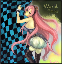 Rule 34 | 1girl, bad id, bad pixiv id, black thighhighs, breasts, crown, hair ornament, large breasts, long hair, megurine luka, pink hair, purple eyes, sideboob, solo, tcb, thighhighs, very long hair, vocaloid, world is mine (vocaloid)