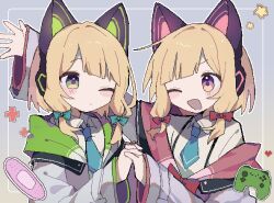 Rule 34 | 2girls, animal ear headphones, animal ears, blonde hair, blue archive, blush, bow, cat ear headphones, closed mouth, coat, collared shirt, controller, fake animal ears, game controller, gil (gil 261), green eyes, hair bow, headphones, highres, holding hands, long sleeves, midori (blue archive), momoi (blue archive), multiple girls, one eye closed, open mouth, pink eyes, shirt, siblings, simple background, sisters, sleeves past wrists, star (symbol), twins, upper body, white shirt