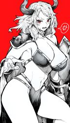 Rule 34 | 1girl, absurdres, anger vein, armor, bikini, bikini armor, breasts, cleavage, copyright request, greyscale, greyscale with colored background, highres, horns, large breasts, looking at viewer, monochrome, open mouth, red background, red eyes, shield, simple background, solo, spoken anger vein, swimsuit, teeth, thighs, yotsumi shiro