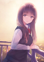 Rule 34 | 1girl, black vest, bow, bowtie, brown hair, closed mouth, commentary request, light smile, long hair, long sleeves, looking at viewer, nagidango, original, purple eyes, red bow, red bowtie, school uniform, shirt, solo, sunset, sweater vest, uniform, upper body, vest, white shirt