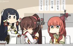 Rule 34 | 3girls, beige shirt, black hair, blunt bangs, braid, bridal gauntlets, brown hair, cherry blossoms, commentary request, curly hair, dated, de ruyter (kancolle), detached sleeves, dining room, dress, faceless, faceless female, flower, food, gendou pose, green dress, green eyes, green sailor collar, grey eyes, gundam, hair flower, hair ornament, hair ribbon, hair tubes, hamu koutarou, hands clasped, headgear, highres, indoors, jewelry, kantai collection, kitchen, long hair, looking at another, looking down, low-tied long hair, mizuho (kancolle), multiple girls, one-hour drawing challenge, orange neckwear, own hands clasped, own hands together, ponytail, red hair, ribbon, ring, sailor collar, sailor shirt, shaded face, shirt, side braid, sidelocks, sitting, standing, translation request, tray, very long hair, wedding band, wide sleeves, yamato (kancolle)