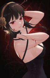 Rule 34 | 1girl, absurdres, adjusting hair, armpit peek, arms up, bare shoulders, black dress, black hair, blood, blood on arm, blood on face, breasts, commentary, dress, fingerless gloves, flower, from side, glint, gloves, gold hairband, hair flower, hair ornament, hairband, highres, large breasts, lichiko, light blush, lips, looking at viewer, looking to the side, off shoulder, red eyes, rose, short hair with long locks, sideboob, sidelocks, solo, spy x family, upper body, yor briar