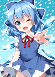 Rule 34 | 1girl, blue bow, blue dress, blue eyes, blue hair, blush, bow, cirno, collared shirt, cowboy shot, detached wings, dress, fairy, fang, hair between eyes, hair bow, highres, ice, ice wings, one eye closed, open mouth, puffy short sleeves, puffy sleeves, ruu (tksymkw), shirt, short hair, short sleeves, smile, solo, touhou, white shirt, wings