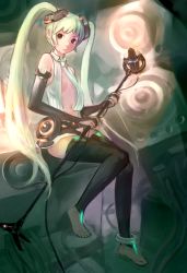 Rule 34 | 1girl, anklet, aqua hair, barefoot, belt, bridal gauntlets, center opening, elbow gloves, feet, fingerless gloves, flat chest, gloves, hatsune miku, hatsune miku (append), highres, jewelry, long hair, microphone, microphone stand, navel, necktie, solo, thighhighs, toeless legwear, twintails, very long hair, vocaloid, vocaloid append, zettai ryouiki, zrero