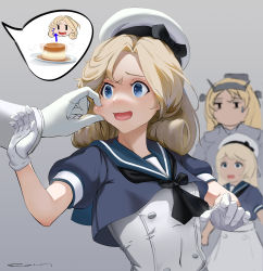Rule 34 | 3girls, admiral (kancolle), black neckwear, blonde hair, blue eyes, blue sailor collar, breasts, commentary, dress, echt, english commentary, food, gloves, grey background, hat, headgear, highres, janus (kancolle), jervis (kancolle), kantai collection, large breasts, left-handed, long sleeves, military, military uniform, multiple girls, naval uniform, nelson (kancolle), open mouth, parted bangs, pudding, sailor collar, sailor dress, sailor hat, small breasts, uniform, white dress, white gloves, white headwear
