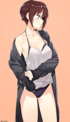 Rule 34 | 10s, 1girl, bad id, bad pixiv id, bare shoulders, black bra, black coat, black pants, blush, bra, breasts, brown eyes, brown hair, camisole, cleavage, closed mouth, coat, collarbone, cowboy shot, eyelashes, girls und panzer, halterneck, highres, kerorira, lace, lace-trimmed bra, lace trim, legs apart, long sleeves, matching hair/eyes, medium breasts, nishizumi maho, no pants, off shoulder, pants, profile, short hair, simple background, sleeves past wrists, solo, spaghetti strap, standing, twitter username, underwear