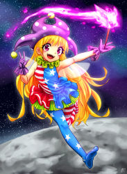 Rule 34 | 1girl, american flag dress, american flag legwear, blonde hair, blush, clownpiece, commentary request, dress, fairy wings, fire, full body, gloves, hat, highres, jester cap, long hair, looking at viewer, moon, open mouth, outstretched arm, pantyhose, petticoat, pink eyes, polka dot, purple gloves, short dress, sleeveless, sleeveless dress, smile, solo, space, star (symbol), star print, striped clothes, striped pantyhose, teeth, torch, touhou, umetake mo ka, umetake moka, very long hair, wings