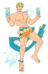 Rule 34 | 1boy, abs, absurdres, bara, blonde hair, cup, eyewear on head, flip-flops, flower, granblue fantasy, green eyes, highres, holding, holding cup, jewelry, large pectorals, male focus, male swimwear, muscular, muscular male, navel, necklace, nipples, one eye closed, oneirio, open mouth, orange male swimwear, pectorals, sandals, short hair, simple background, smile, solo, sunglasses, topless male, twitter username, vane (granblue fantasy), white background, yellow flower