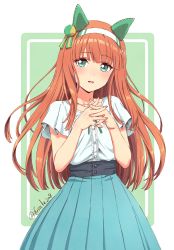 Rule 34 | 1girl, absurdres, animal ears, aqua eyes, aqua skirt, blunt bangs, commentary request, fuusuke (fusuke208), green background, hairband, highres, horse ears, horse girl, jewelry, long hair, looking at viewer, necklace, open mouth, orange hair, shirt, short sleeves, silence suzuka (umamusume), simple background, skirt, solo, twitter username, two-tone background, umamusume, white background, white hairband, white shirt