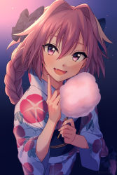 Rule 34 | 1boy, asada hachi, astolfo (fate), bad id, bad pixiv id, black bow, blush, bow, braid, cotton candy, fang, fate/apocrypha, fate (series), floral print, gradient background, hair between eyes, hair intakes, index finger raised, japanese clothes, kimono, long braid, long hair, long sleeves, looking at viewer, male focus, multicolored hair, obi, open mouth, pink hair, purple eyes, sash, single braid, smile, solo, streaked hair, trap, white hair, wide sleeves