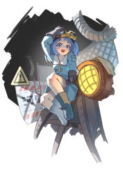 Rule 34 | 1girl, absurdres, blue eyes, blue footwear, blue hair, blue shirt, blue skirt, boots, collared shirt, frilled shirt collar, frills, goggles, highres, jewelry, kawashiro nitori, key, key necklace, knee boots, long sleeves, medium hair, necklace, open mouth, pocket, puffy sleeves, rangque (user vjjs4748), rubber boots, shirt, short twintails, simple background, skirt, skirt set, solo, touhou, twintails, two side up, white background