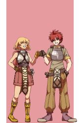 Rule 34 | 1boy, 1girl, armor, belt, blonde hair, blouse, boots, breastplate, brown belt, brown footwear, brown gloves, brown pants, brown shirt, closed eyes, commentary request, fist bump, full body, gloves, green shirt, grin, hair between eyes, highres, looking at another, looking to the side, novice (ragnarok online), pants, pink background, pink shorts, ragnarok online, red eyes, red hair, shirt, shoes, short hair, short sleeves, shorts, sleeveless, sleeveless shirt, smile, white background, yanagimoto hikari