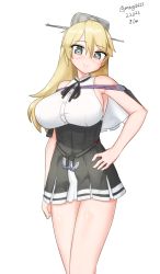 Rule 34 | 1girl, absurdres, black skirt, blonde hair, blue eyes, breasts, capelet, collared shirt, cosplay, dated, hand on own hip, headgear, highres, iowa (kancolle), kantai collection, large breasts, maru (marg0613), one-hour drawing challenge, pleated skirt, shirt, simple background, skirt, sleeveless, sleeveless shirt, solo, star-shaped pupils, star (symbol), symbol-shaped pupils, tatsuta (kancolle), tatsuta (kancolle) (cosplay), tatsuta kai ni (kancolle), twitter username, white background, white capelet, white shirt