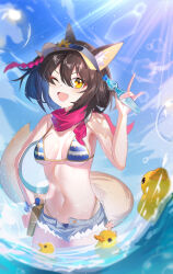 Rule 34 | 1girl, absurdres, animal ear fluff, animal ears, bikini, black hair, blue archive, blue bikini, blue sky, breasts, commentary, day, denim, denim shorts, facing viewer, fang, fox ears, fox tail, hand on own hip, hand up, highleg, highleg bikini, highres, holding, izuna (blue archive), izuna (swimsuit) (blue archive), lens flare, looking ahead, micro shorts, navel, ocean, official alternate costume, one eye closed, open mouth, outdoors, partially underwater shot, pink scarf, rubber duck, scarf, short hair, shorts, skin fang, sky, small breasts, smile, solo, standing, striped bikini, striped clothes, sunlight, swimsuit, tail, tansuan (ensj3875), visor cap, wading, yellow eyes