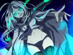 Rule 34 | 10s, 1girl, abyssal ship, bad id, bad pixiv id, black panties, blue eyes, cape, fingernails, glowing, glowing eyes, groin, kantai collection, long hair, looking at viewer, messy hair, midriff, navel, open mouth, panties, sakura (lilak a), silver hair, solo, ta-class battleship, thighhighs, underwear