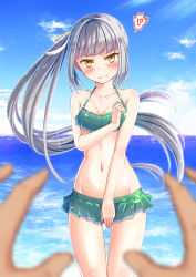 Rule 34 | !?, 1girl, beach, bikini, bikini skirt, blue bikini, blue sky, blush, breasts, brown eyes, cleavage, collarbone, covering crotch, covering privates, day, embarrassed, floating hair, frilled bikini, frills, frown, gluteal fold, green bikini, grey hair, groin, hair ribbon, head tilt, hetero, kantai collection, kasumi (kancolle), light particles, long hair, looking at viewer, male hand, navel, ocean, outdoors, pov, pov hands, r-choco, remodel (kantai collection), ribbon, sand, side ponytail, sidelocks, sky, small breasts, solo focus, standing, stomach, swimsuit, thighs, tsundere