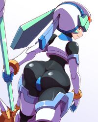 Rule 34 | 1girl, armor, ass, bodysuit, capcom, from behind, green hair, grin, helmet, highres, holding, holding weapon, huge ass, long hair, looking at viewer, looking back, mega man (series), mega man zx, nobuyu (77yusei), pandora (mega man), red eyes, sideways glance, simple background, skin tight, smile, solo, staf, weapon, white background