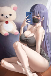 Rule 34 | 1girl, absurdres, arm up, bare shoulders, biya (1024), black mask, blunt bangs, breasts, camisole, cellphone, chair, cleavage, collarbone, curtains, dolphin shorts, grey shorts, grey tank top, highres, holding, holding phone, indoors, large breasts, long hair, looking at viewer, mask, mouth mask, original, phone, purple eyes, purple hair, revision, selfie, shorts, sitting, smartphone, solo, stuffed animal, stuffed toy, tank top, tattoo, teddy bear, thighs, yuna (biya (1024))