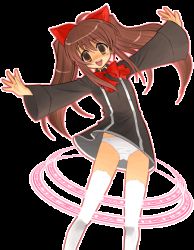 Rule 34 | 1girl, :d, aloe, aloe (quiz magic academy), animal ears, black dress, blush, bow, bowtie, brown eyes, brown hair, cat ears, dress, kekocha, leaning to the side, long hair, magic circle, open mouth, outstretched arms, panties, quiz magic academy, smile, solo, spread arms, standing, thighhighs, transparent background, twintails, underwear, white panties, white thighhighs