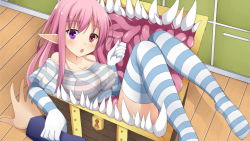 Rule 34 | 1boy, 1girl, arm grab, artist request, bare shoulders, blouse, blue gloves, blue legwear, blue shirt, blush, bra, breasts, elbow gloves, game cg, gloves, heterochromia, large breasts, looking at viewer, mimi (monster musume), mimic, mimic chest, monster musume no iru nichijou, monster musume no iru nichijou online, official art, open mouth, pink background, pink bra, pink hair, pointy ears, purple eyes, red eyes, see-through, see-through shirt, sharp teeth, shirt, striped clothes, striped gloves, striped legwear, striped shirt, striped thighhighs, teeth, tentacles, thighhighs, underwear, white gloves, white legwear, white shirt