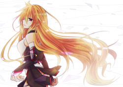 Rule 34 | 1girl, bare shoulders, breasts, detached sleeves, long hair, milla (fractured), open mouth, orange hair, purple eyes, ribbon, simple background, skirt, solo, tales of (series), tales of xillia, tales of xillia 2, very long hair