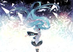 Rule 34 | 1girl, abstract background, backlighting, bad id, bad pixiv id, black background, black skirt, black thighhighs, blue background, blue hair, blue nails, blue necktie, breasts, chromatic aberration, closed eyes, cowboy shot, eyelashes, fingernails, floating hair, gradient background, hand on own chest, hatsune miku, highres, light particles, light smile, long hair, nail polish, naomasap, nape, necktie, number tattoo, open mouth, outstretched hand, pleated skirt, profile, purple background, shirt, shoulder tattoo, sideboob, sidelocks, skirt, sleeveless, sleeveless shirt, solo, tattoo, thighhighs, triangle, very long hair, vocaloid, white background, white shirt, zettai ryouiki