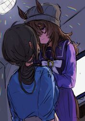 2girls absurdres beanie black_hair blue_eyes blue_shirt bow bowtie brown_hair closed_mouth ears_through_headwear face-to-face female_trainer_(umamusume) grey_hat hat highres indoors karaoke long_hair long_sleeves looking_at_another messy_hair multiple_girls nakayama_festa_(umamusume) pleated_skirt ponytail purple_sailor_collar purple_shirt purple_skirt roroko_momo sailor_collar school_uniform shirt skirt television tracen_school_uniform trainer_(umamusume) umamusume white_bow white_bowtie yuri