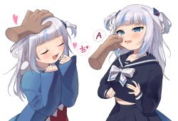 Rule 34 | 1girl, alternate costume, black skirt, blue eyes, blue hoodie, blue nails, blunt bangs, blush, bow, cheek pull, collarbone, commentary, disembodied limb, foreshortening, gawr gura, gawr gura (1st costume), grey hair, hair ornament, hands up, headpat, heart, highres, hololive, hololive english, hood, hoodie, jess (jessdont), long hair, long sleeves, multicolored clothes, multicolored hair, multicolored hoodie, multiple views, nail polish, open mouth, pleated skirt, sailor collar, school uniform, serafuku, shark hair ornament, sharp teeth, simple background, skirt, sleeves past wrists, speech bubble, symbol-only commentary, tearing up, teeth, translated, two-tone hair, upper body, virtual youtuber, white background, white bow