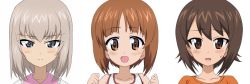 Rule 34 | 10s, 3girls, aged down, ashiwara yuu, blue eyes, brown eyes, brown hair, closed mouth, commentary, frown, girls und panzer, light frown, long hair, looking at viewer, multiple girls, nishizumi miho, orange shirt, portrait, shirt, short hair, siblings, silver hair, simple background, sisters, smile, sweatdrop, t-shirt, tank top, white background, white shirt