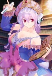 Rule 34 | 1girl, absurdres, alchemy, book, breasts, cleavage, dress, headphones, highres, large breasts, library, nitroplus, pink hair, red eyes, smile, solo, super sonico, test tube
