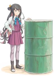 Rule 34 | 10s, 1girl, black hair, bow, drum (container), hair ribbon, hand on own hip, kantai collection, long hair, multicolored hair, naganami (kancolle), pantyhose, pink hair, ribbon, school uniform, simple background, skirt, smile, solo, standing, taruya, two-tone hair, very long hair, yellow eyes