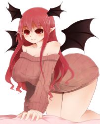 Rule 34 | 1girl, all fours, arano oki, bare shoulders, bat wings, blush, breasts, cleavage, demon girl, head wings, koakuma, large breasts, long hair, long sleeves, naked sweater, pointy ears, red eyes, red hair, ribbed sweater, smile, solo, demon girl, sweater, thick thighs, thighs, touhou, wings