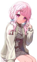 Rule 34 | 1girl, absurdres, belt, black belt, blue bow, bow, breasts, brown skirt, closed mouth, green jacket, hair ornament, hairclip, highres, ineka ka, jacket, jewelry, large breasts, long sleeves, looking at viewer, low twintails, necklace, nijisanji, pink eyes, pink hair, shiina yuika, shiina yuika (9th costume), short twintails, simple background, sitting, skirt, sleeves past wrists, smile, solo, twintails, virtual youtuber, white background, x hair ornament