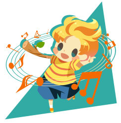 Rule 34 | 1boy, blonde hair, blue shorts, blush stickers, full body, hitofutarai, holding, holding stick, index finger raised, lucas (mother 3), male focus, mother (game), mother 3, musical note, nintendo, open mouth, shirt, shorts, socks, solid oval eyes, solo, staff (music), stick, striped clothes, striped shirt, white socks, yellow footwear