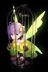 Rule 34 | 1girl, antenna hair, bare shoulders, birdcage, black shorts, boots, breasts, brown footwear, brown gloves, cage, character name, detached collar, dress, echo (circa), fairy wings, fate/grand order, fate (series), gloves, green dress, hair ribbon, long sleeves, looking at viewer, murian (fate), off shoulder, puffy sleeves, purple eyes, purple hair, ribbon, short hair, shorts, small breasts, solo, thigh boots, thighs, two side up, wings, yellow ribbon