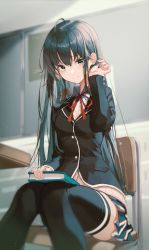 Rule 34 | 1girl, absurdres, ahoge, black hair, black thighhighs, blazer, blue eyes, book, chair, collared shirt, commentary request, desk, from below, hair behind ear, hair between eyes, highres, holding, holding book, jacket, long hair, looking at viewer, pleated skirt, pro-p, red neckwear, red ribbon, ribbon, school chair, shirt, sitting, skirt, smile, solo, thighhighs, thighs, white shirt, yahari ore no seishun lovecome wa machigatteiru., yukinoshita yukino