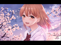 Rule 34 | 1girl, :d, blouse, bow, bowtie, brown eyes, brown hair, cherry blossoms, collared shirt, flower, from side, hair between eyes, highres, letterboxed, looking at viewer, medium hair, open mouth, original, portrait, red bow, red bowtie, satosi, shirt, smile, solo, white flower, white shirt, wing collar