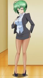 Rule 34 | 1girl, breasts, business suit, female focus, formal, full body, green eyes, green hair, highres, hiiragi noa, indoors, mm!, office lady, aged up, pantyhose, suit