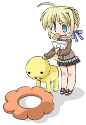 Rule 34 | 00s, ahoge, artoria pendragon (all), artoria pendragon (fate), bag, blonde hair, bow, chibi, fate/stay night, fate (series), food, green eyes, hair ribbon, lion, lowres, mister donut, official alternate costume, pon de lion, ribbon, saber (fate), solo