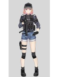 Rule 34 | 1girl, absurdres, ankle boots, baseball cap, black footwear, black gloves, blue shorts, boots, border, bulletproof vest, closed mouth, colored inner hair, copyright request, full body, gar32, gloves, grey background, grey shirt, gun, hand up, hat, highres, holstered, knee pads, looking at viewer, magazine (weapon), multicolored hair, orange hair, police, police uniform, pouch, purple eyes, shirt, shorts, simple background, solo, standing, submachine gun, thigh pouch, thigh strap, uniform, weapon, white border