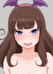 Rule 34 | 1girl, :d, blue eyes, blush, brown hair, collarbone, completely nude, fang, female focus, grey background, hairband, heart, heart-shaped pupils, highres, kurosu aroma, long hair, looking at viewer, nude, open mouth, out-of-frame censoring, pink hairband, pretty series, pripara, saliva, simple background, smile, solo, sweat, symbol-shaped pupils, tongue, tongue out, upper body, yonekura hisaki