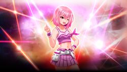 Rule 34 | 1girl, bare shoulders, beatmania, beatmania iidx, braid, breasts, goli matsumoto, hand on own chest, highres, medium breasts, navel, non-web source, nyah (beatmania iidx), official art, one eye closed, open mouth, pink hair, pink shirt, pink skirt, shirt, short hair, skirt, smile, teeth, thighs, upper teeth only, wristband