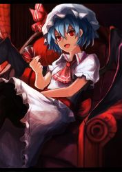 Rule 34 | 1girl, absurdres, alcohol, aruto2498, ascot, bat wings, blue hair, cup, drinking glass, fang, hat, hat ribbon, highres, letterboxed, looking at viewer, mob cap, nail polish, open mouth, puffy sleeves, red eyes, remilia scarlet, ribbon, sash, shirt, short hair, short sleeves, sitting, skirt, skirt set, smile, solo, throne, touhou, wine, wine glass, wings