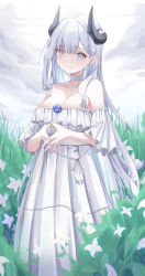 Rule 34 | 1girl, absurdres, bare shoulders, blue flower, blue rose, blunt bangs, blush, breasts, cake walker, choker, cleavage, closed mouth, collarbone, detached sleeves, dress, earrings, feet out of frame, flower, grey hair, highres, horns, jewelry, large breasts, long hair, looking at viewer, mole, mole under eye, original, own hands together, pleated dress, pointy ears, rose, short sleeves, smile, solo, standing, very long hair, white choker