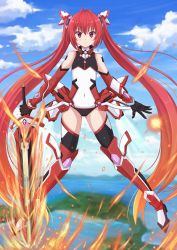 Rule 34 | &gt;:|, 1girl, :|, absurdly long hair, antenna hair, armor, bare shoulders, black gloves, black thighhighs, blurry, blush, boots, bracer, closed mouth, cloud, day, depth of field, elbow gloves, faulds, fire, flaming sword, flaming weapon, flat chest, floating, full body, genderswap, genderswap (mtf), gloves, gluteal fold, gorget, gradient hair, greaves, hair between eyes, headgear, highres, holding, holding weapon, kazenokaze, knee boots, legs apart, leotard, long hair, looking at viewer, magical girl, mecha musume, mitsuka souji, multicolored hair, orange hair, ore twintail ni narimasu, outdoors, purple eyes, red eyes, red hair, serious, sky, solo, sword, tailred, thighhighs, thrusters, turtleneck, twintails, v-shaped eyebrows, vambraces, very long hair, water, weapon