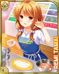 Rule 34 | 1girl, apron, blue apron, bow, brown eyes, brown hair, card (medium), contest, day, food, girlfriend (kari), indoors, looking at viewer, low twintails, official art, open mouth, plaid, plaid skirt, pleated skirt, qp:flapper, red bow, red skirt, school uniform, shirt, skirt, smile, socks, table, tagme, tamai remi, tanabata, twintails, white shirt