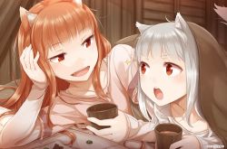 Rule 34 | 2girls, animal ears, ayakura juu, bed, bed sheet, book, brown eyes, brown hair, cup, head rest, highres, holding, holo, long hair, lying, mother and daughter, multiple girls, myuri (spice and wolf), official art, on side, on stomach, open mouth, pink shirt, shinsetsu spice and wolf, shirt, silver hair, smile, sparkle, spice and wolf, tail, white shirt, wolf ears, wolf tail