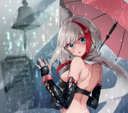 Rule 34 | 1girl, :o, admiral graf spee (azur lane), azur lane, back, bandeau, bare shoulders, black gloves, blue eyes, blurry, bokeh, breasts, depth of field, earrings, elbow gloves, fingerless gloves, gloves, hand up, holding, holding umbrella, jewelry, looking at viewer, looking back, medium breasts, midriff, multicolored hair, osisio, parted lips, rain, red hair, scarf, short hair, shoulder blades, solo, streaked hair, umbrella, upper body, water, wet