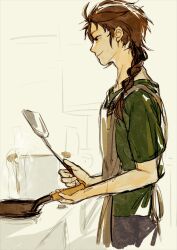 Rule 34 | 1boy, apron, braid, brown apron, brown hair, chinese commentary, closed mouth, commentary request, cowboy shot, from side, frying pan, green shirt, grey pants, harada minoru, highres, holding, holding frying pan, holding spatula, male focus, pants, saibou shinkyoku, shirt, short sleeves, side braid, sketch, smile, solo, spatula, yuyue liugou de chi ze